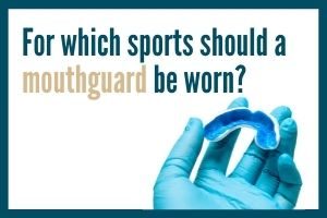 Gloved hand holding a professional sports mouthguard. Text asks "for which sports should a mouthguard be worn?"