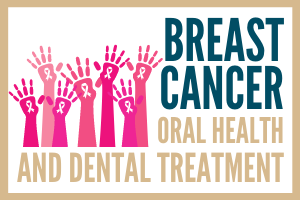 Pink hands with breast cancer ribbons with text saying "Breast cancer, oral health, and dental treatment"