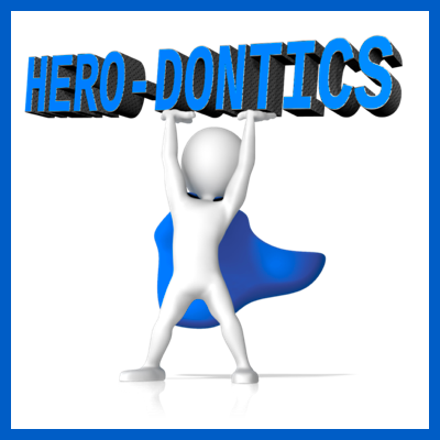 Cartoon superheroraises the word "herodontics" above their head