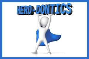 Cartoon superhero raises the word "hero-dontics" above their head