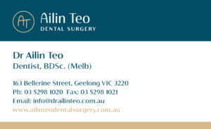 The front of Ailin Teo Dental Surgery business card